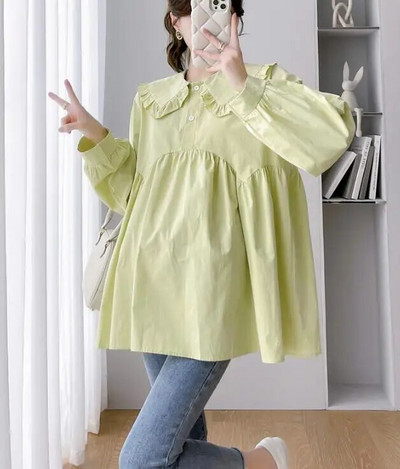 2024 m. pavasario marškiniai nėščiosioms Vienspalviai madingi raukiniai, plius dydžio, nėščios moters medvilninės palaidinės, laisvos viršutinės dalies