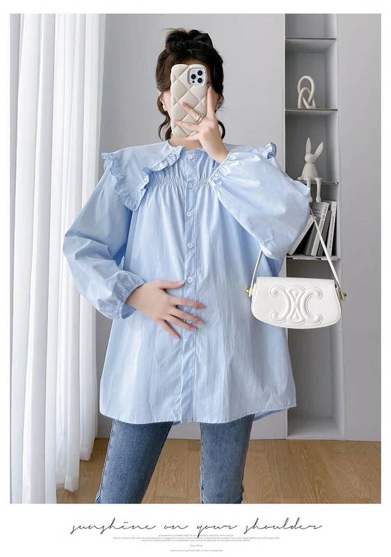 2024 m. pavasario marškiniai nėščiosioms Vienspalviai madingi raukiniai, plius dydžio, nėščios moters medvilninės palaidinės, laisvos viršutinės dalies