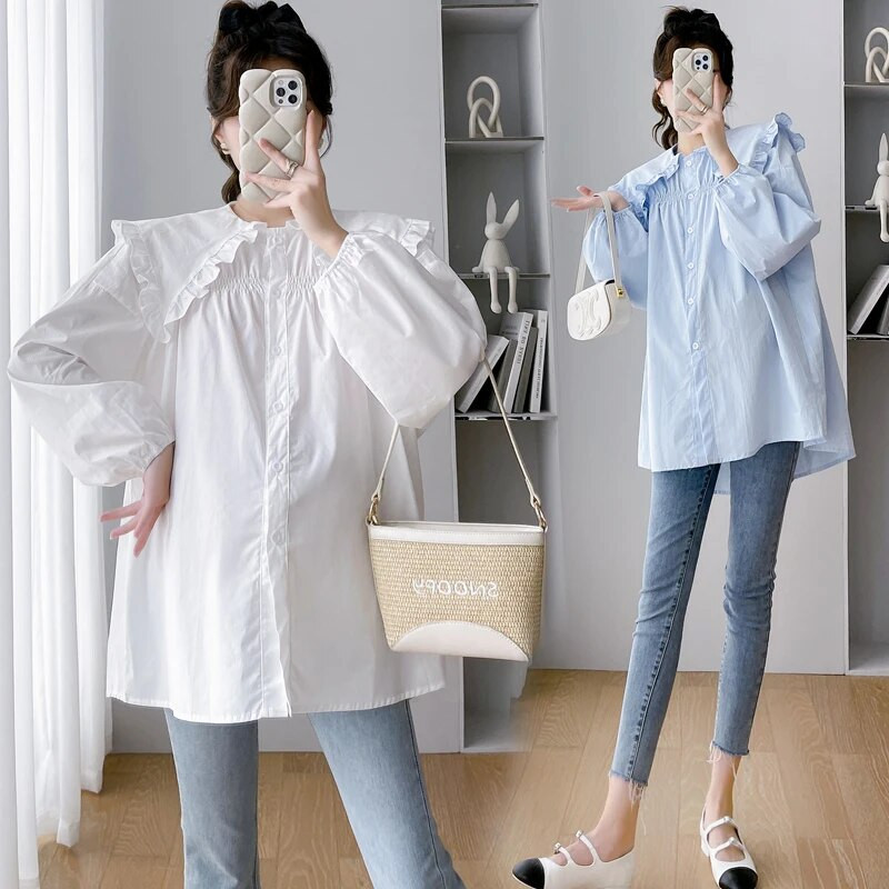 2024 m. pavasario marškiniai nėščiosioms Vienspalviai madingi raukiniai, plius dydžio, nėščios moters medvilninės palaidinės, laisvos viršutinės dalies