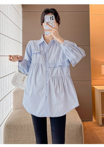 Μπλε Λευκό Βαμβακερά πουκάμισα για έγκυες γυναίκες με μακρυμάνικο βολάν με βολάν με γυριστό κολάρο Μόδα μπλούζες εγκυμοσύνης Γλυκά ρούχα