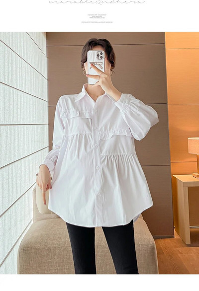 Sinine valge raseda naise puuvillased särgid pikkade varrukatega, lahtikäiva kraega, volangid, moed, rasedate pluusid, magusad riided