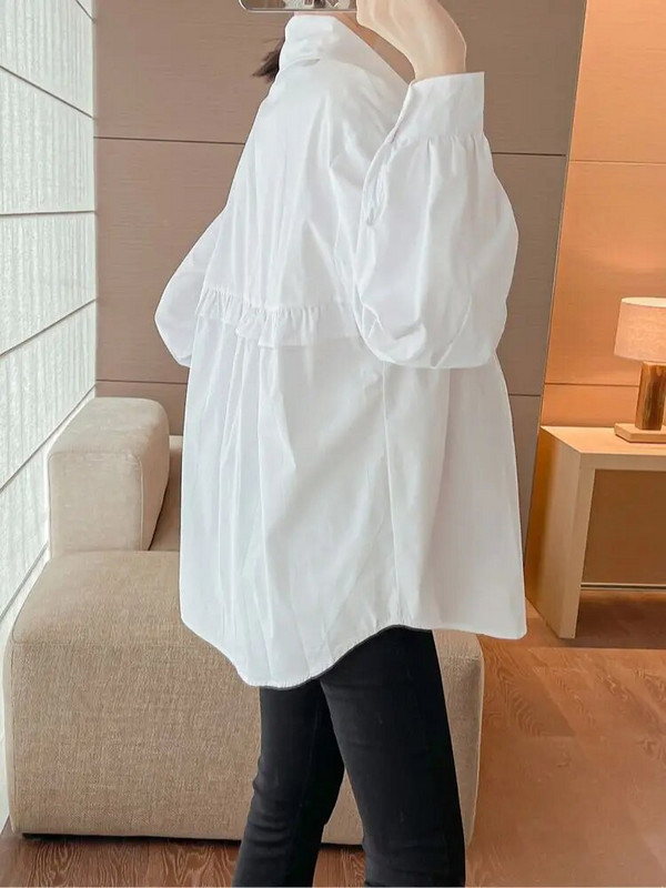 Sinine valge raseda naise puuvillased särgid pikkade varrukatega, lahtikäiva kraega, volangid, moed, rasedate pluusid, magusad riided