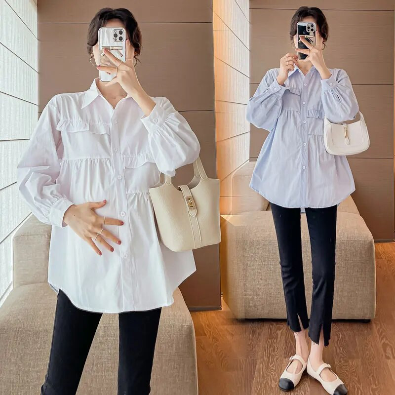 Sinine valge raseda naise puuvillased särgid pikkade varrukatega, lahtikäiva kraega, volangid, moed, rasedate pluusid, magusad riided