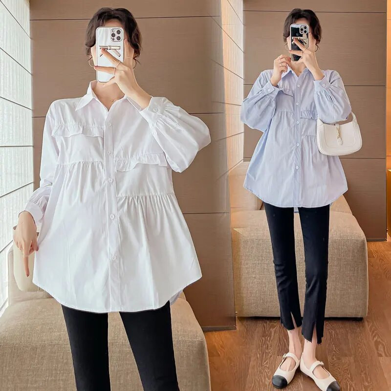 Sinine valge raseda naise puuvillased särgid pikkade varrukatega, lahtikäiva kraega, volangid, moed, rasedate pluusid, magusad riided