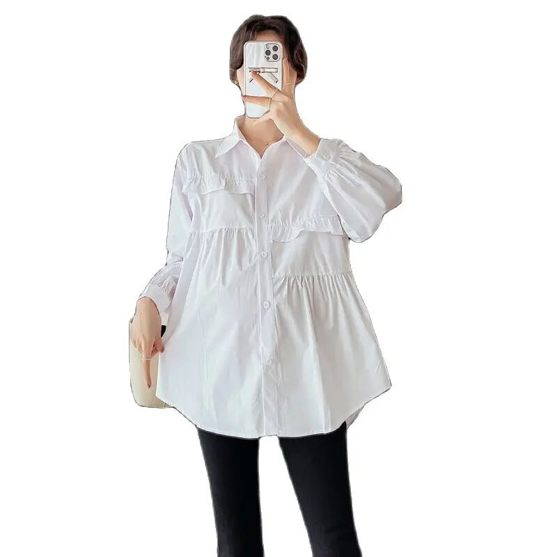 Sinine valge raseda naise puuvillased särgid pikkade varrukatega, lahtikäiva kraega, volangid, moed, rasedate pluusid, magusad riided