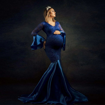 Φόρεμα εγκυμοσύνης με δαντέλα Splicing for Photo Shoot Φόρεμα εγκυμοσύνης με λαιμόκοψη με λαιμόκοψη για φωτογράφιση μακριά φούστα εγκύων Fishtail Κόκκινο κρασί