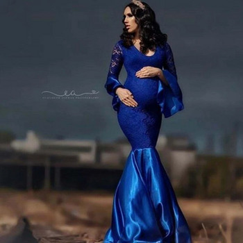 Φόρεμα εγκυμοσύνης με δαντέλα Splicing for Photo Shoot Φόρεμα εγκυμοσύνης με λαιμόκοψη με λαιμόκοψη για φωτογράφιση μακριά φούστα εγκύων Fishtail Κόκκινο κρασί