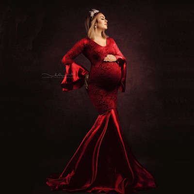 Φόρεμα εγκυμοσύνης με δαντέλα Splicing for Photo Shoot Φόρεμα εγκυμοσύνης με λαιμόκοψη με λαιμόκοψη για φωτογράφιση μακριά φούστα εγκύων Fishtail Κόκκινο κρασί