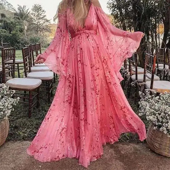 Σπαγγέτι Πλισέ Φόρεμα εγκυμοσύνης Μακρυμάνικο Φόρεμα Εγκυμοσύνης Φόραλ Μαξί Φόρεμα Σέξι με λαιμόκοψη μακρύ πάρτι για έγκυες