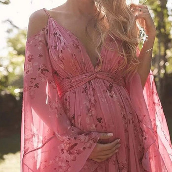 Σπαγγέτι Πλισέ Φόρεμα εγκυμοσύνης Μακρυμάνικο Φόρεμα Εγκυμοσύνης Φόραλ Μαξί Φόρεμα Σέξι με λαιμόκοψη μακρύ πάρτι για έγκυες