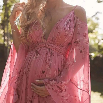 Rochie de maternitate plisată cu bretele spaghete Sarcina cu mâneci lungi Rochii florale Maxi Rochie sexy cu decolteu în V Rochie lungă de petrecere pentru gravide