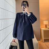 Nėščiųjų medvilniniai marškinėliai korėjietiško stiliaus ilgomis rankovėmis, stovintys apykakle, mygtukai, skristi nėščiai moteriai Elegantiškos palaidinės Saldūs nėštumo drabužiai