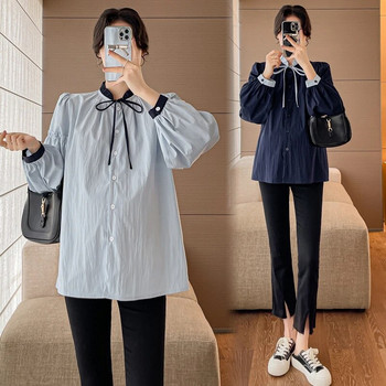 Βαμβακερά πουκάμισα εγκυμοσύνης Κορεάτικο στυλ με μακρυμάνικο γιακά με κουμπί Fly Έγκυος γυναίκα Κομψές μπλούζες Γλυκά ρούχα εγκυμοσύνης