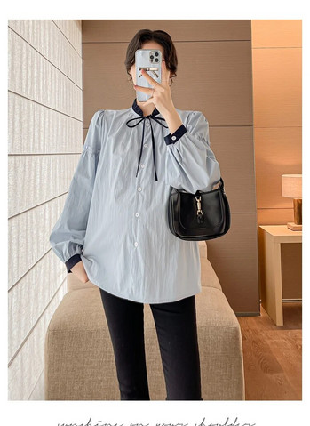 Βαμβακερά πουκάμισα εγκυμοσύνης Κορεάτικο στυλ με μακρυμάνικο γιακά με κουμπί Fly Έγκυος γυναίκα Κομψές μπλούζες Γλυκά ρούχα εγκυμοσύνης