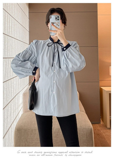 Nėščiųjų medvilniniai marškinėliai korėjietiško stiliaus ilgomis rankovėmis, stovintys apykakle, mygtukai, skristi nėščiai moteriai Elegantiškos palaidinės Saldūs nėštumo drabužiai