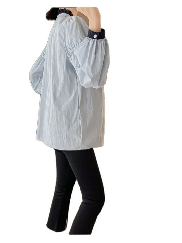 Nėščiųjų medvilniniai marškinėliai korėjietiško stiliaus ilgomis rankovėmis, stovintys apykakle, mygtukai, skristi nėščiai moteriai Elegantiškos palaidinės Saldūs nėštumo drabužiai