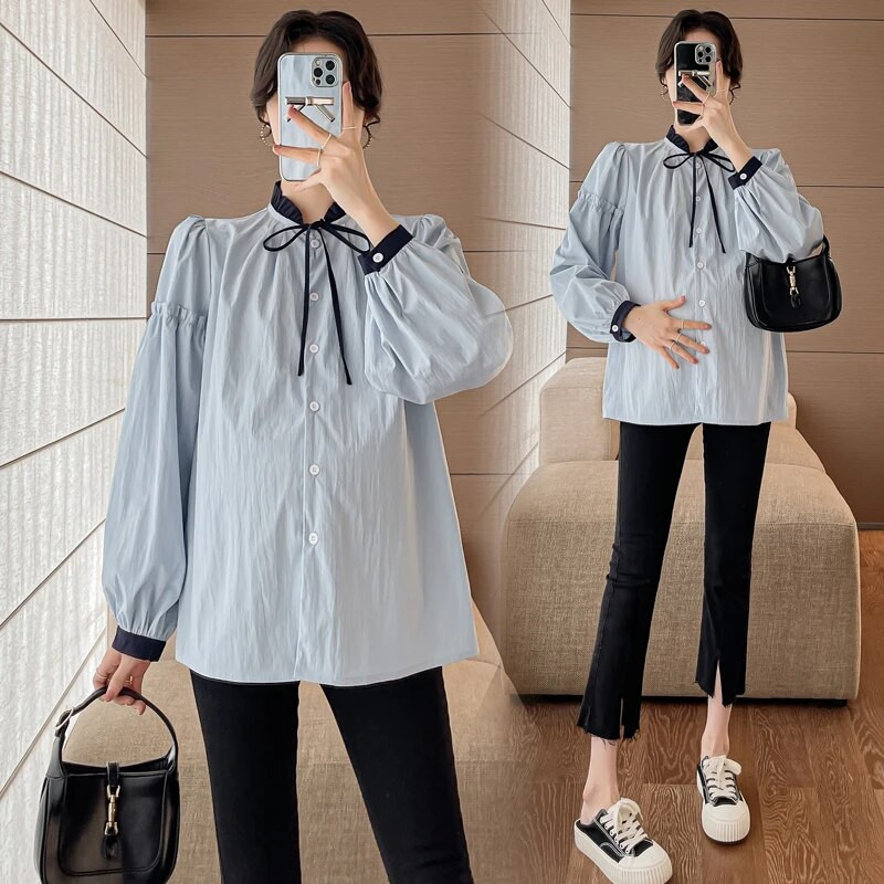 Nėščiųjų medvilniniai marškinėliai korėjietiško stiliaus ilgomis rankovėmis, stovintys apykakle, mygtukai, skristi nėščiai moteriai Elegantiškos palaidinės Saldūs nėštumo drabužiai