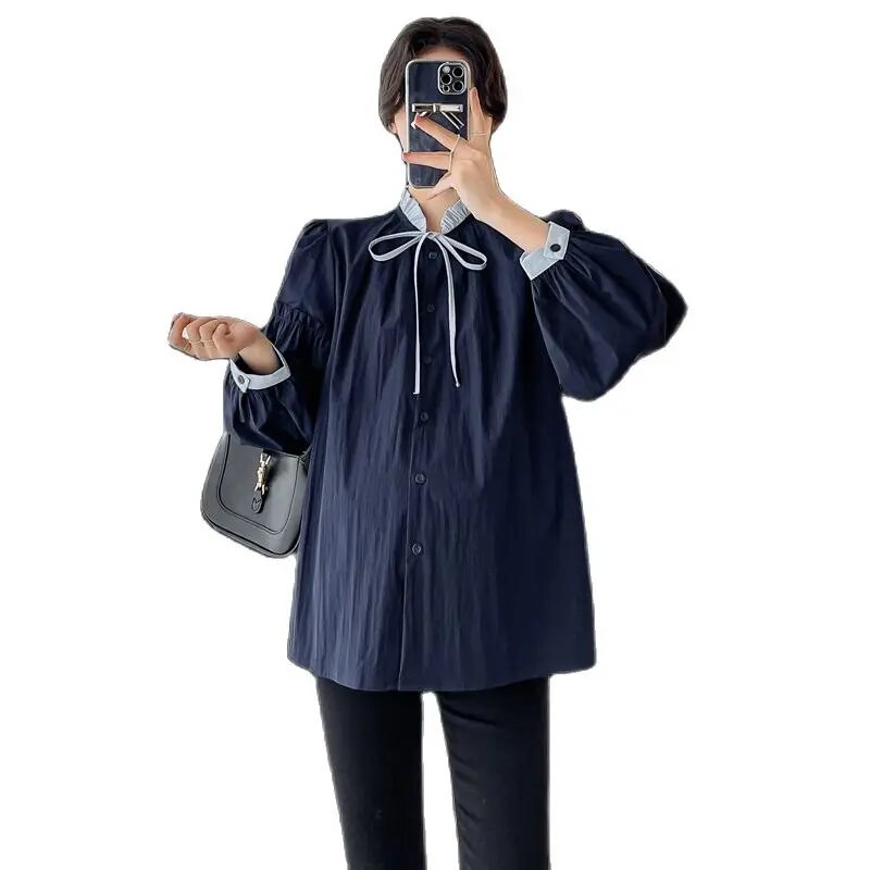 Nėščiųjų medvilniniai marškinėliai korėjietiško stiliaus ilgomis rankovėmis, stovintys apykakle, mygtukai, skristi nėščiai moteriai Elegantiškos palaidinės Saldūs nėštumo drabužiai