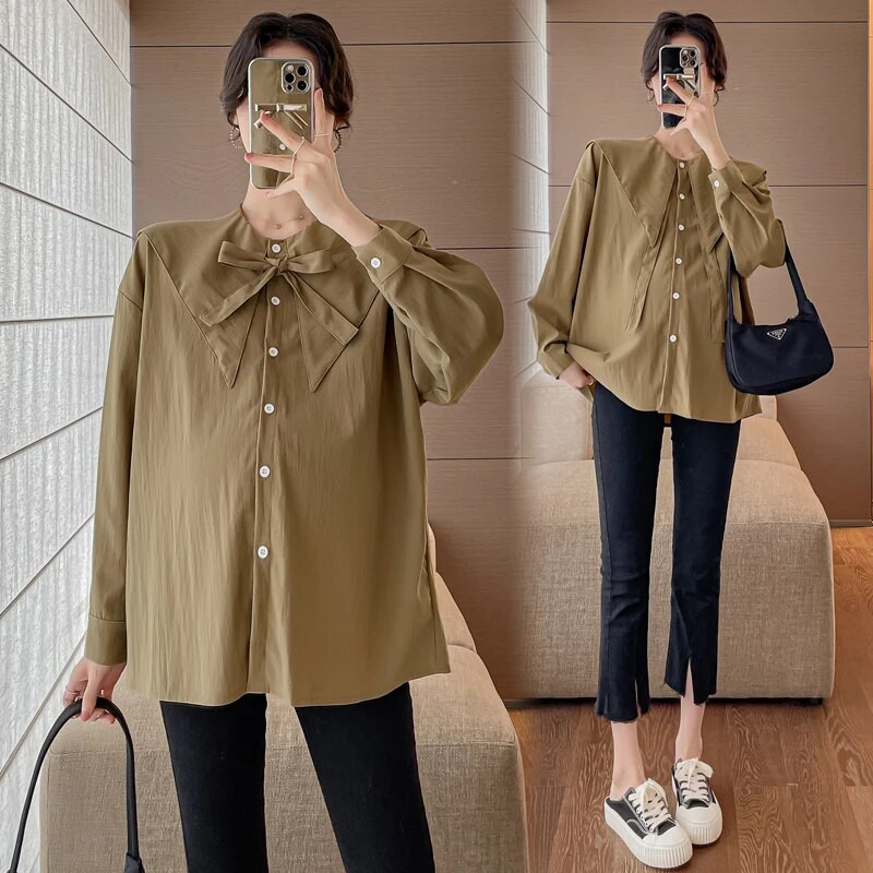 Rasedate naiste puuvillased särgid pikkade varrukatega lahtikäiva kaelarihmaga suures suuruses rasedatele mõeldud pluusid, nööpnööbid, kärbsed rasedusriided, topid