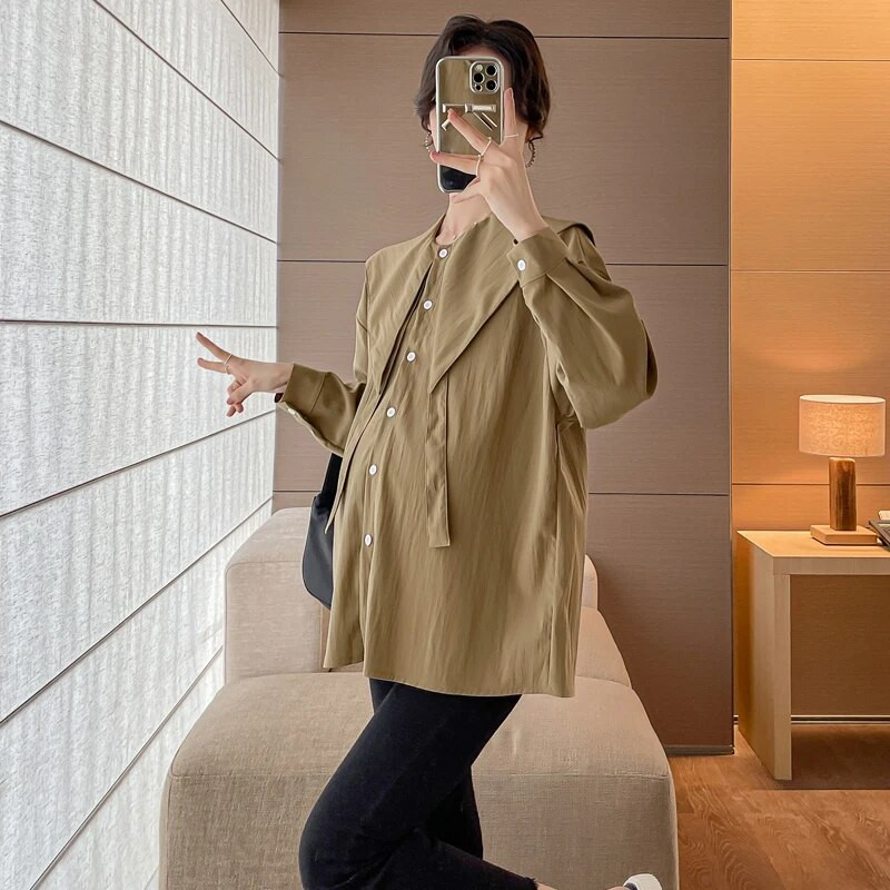 Rasedate naiste puuvillased särgid pikkade varrukatega lahtikäiva kaelarihmaga suures suuruses rasedatele mõeldud pluusid, nööpnööbid, kärbsed rasedusriided, topid