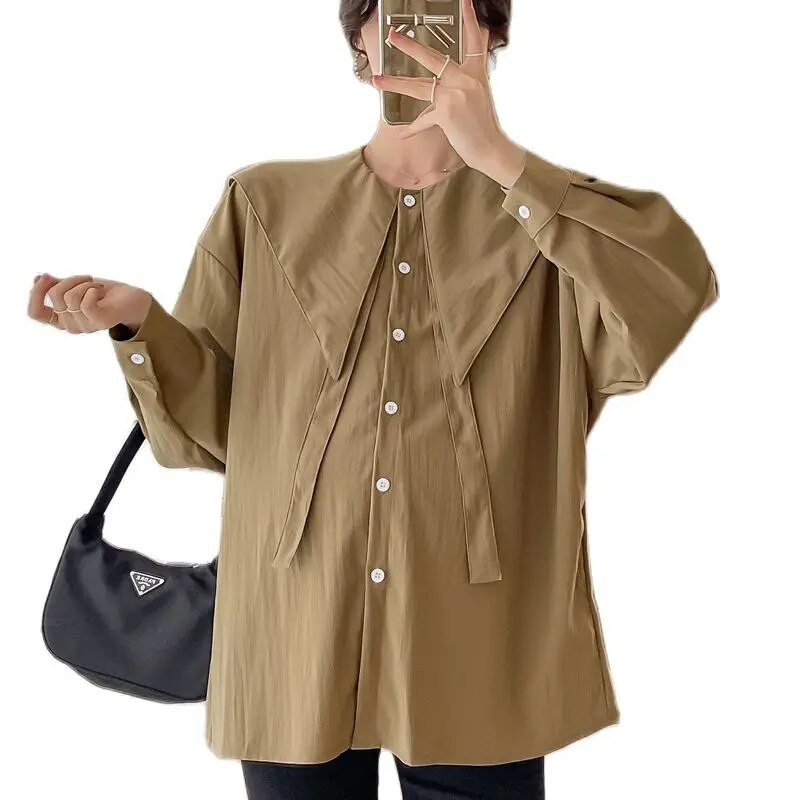 Rasedate naiste puuvillased särgid pikkade varrukatega lahtikäiva kaelarihmaga suures suuruses rasedatele mõeldud pluusid, nööpnööbid, kärbsed rasedusriided, topid