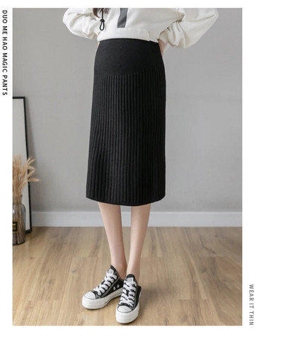 Korėjietiško stiliaus nėščių moterų drabužiai Megzti sijonai po pilvu nėštumui Vieno žingsnio sijonas nugara Skeltos motinystės klostuoti sijonai