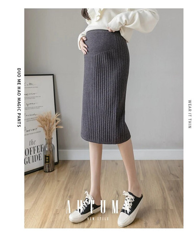 Korėjietiško stiliaus nėščių moterų drabužiai Megzti sijonai po pilvu nėštumui Vieno žingsnio sijonas nugara Skeltos motinystės klostuoti sijonai