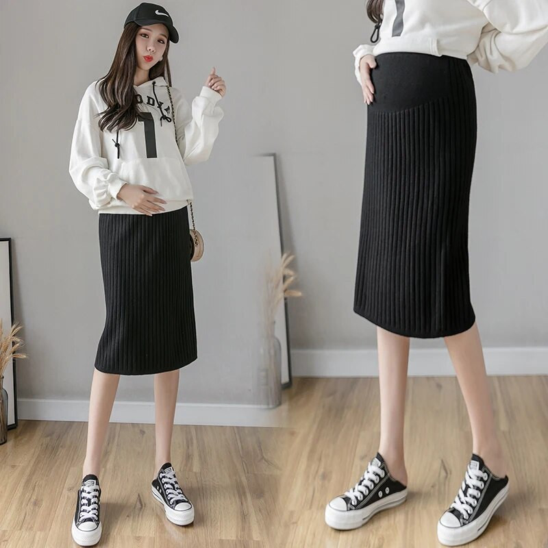 Korėjietiško stiliaus nėščių moterų drabužiai Megzti sijonai po pilvu nėštumui Vieno žingsnio sijonas nugara Skeltos motinystės klostuoti sijonai