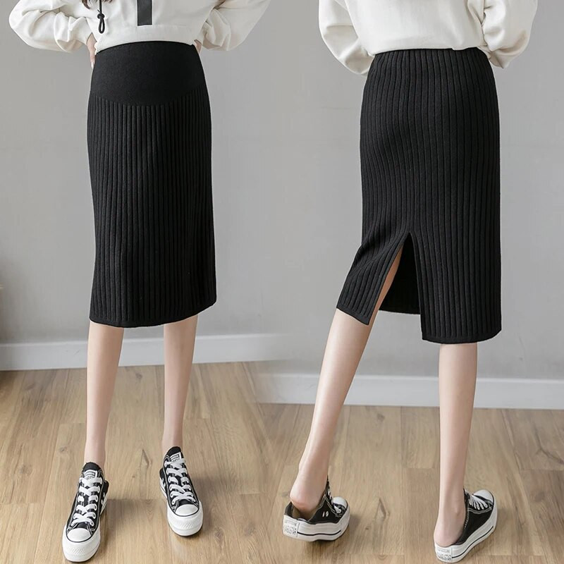 Korėjietiško stiliaus nėščių moterų drabužiai Megzti sijonai po pilvu nėštumui Vieno žingsnio sijonas nugara Skeltos motinystės klostuoti sijonai