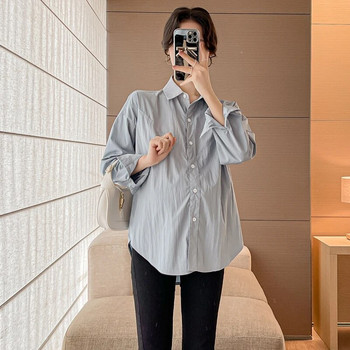 Φθινοπωρινά πουκάμισα μητρότητας Κορεάτικο στυλ με μακρυμάνικο με γυριστό γιακά με κουμπί Fly μονόχρωμο μπλούζες για έγκυες μπλούζες εγκυμοσύνης