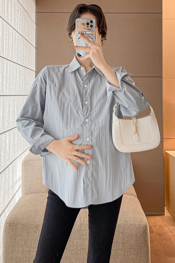 Φθινοπωρινά πουκάμισα μητρότητας Κορεάτικο στυλ με μακρυμάνικο με γυριστό γιακά με κουμπί Fly μονόχρωμο μπλούζες για έγκυες μπλούζες εγκυμοσύνης