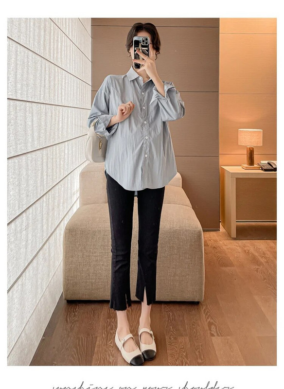 Rudeniniai marškiniai nėščiosioms korėjietiško stiliaus ilgomis rankovėmis, apverčiamomis apykakle, mygtukais, vienspalviai, nėščių moterų palaidinės, nėštumui skirtos palaidinės