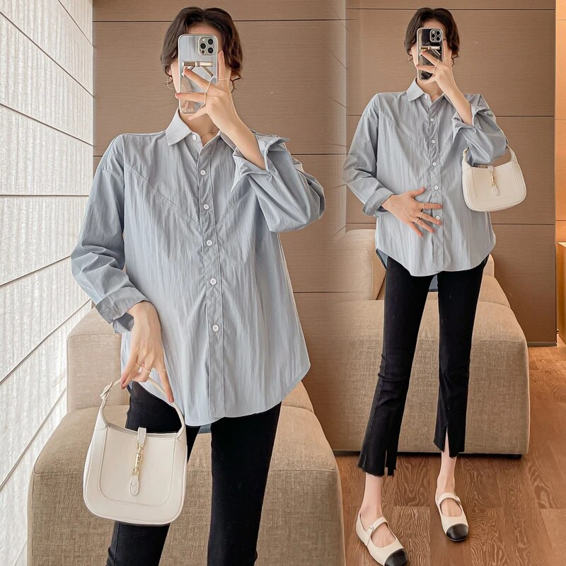 Rudeniniai marškiniai nėščiosioms korėjietiško stiliaus ilgomis rankovėmis, apverčiamomis apykakle, mygtukais, vienspalviai, nėščių moterų palaidinės, nėštumui skirtos palaidinės