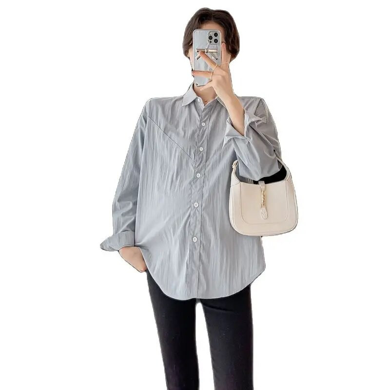 Rudeniniai marškiniai nėščiosioms korėjietiško stiliaus ilgomis rankovėmis, apverčiamomis apykakle, mygtukais, vienspalviai, nėščių moterų palaidinės, nėštumui skirtos palaidinės