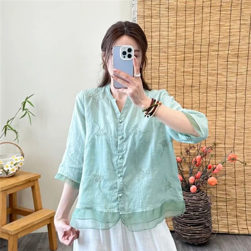 Sieviešu kokvilnas un lina tops grūtniecēm 2023. gada vasaras jauns plāns krekls Sieviešu izšūts šifona krekls Moderns grūtnieču tops LF065