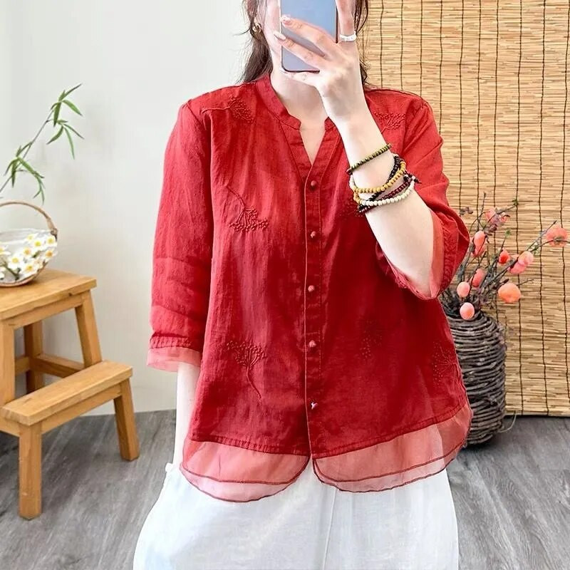 Sieviešu kokvilnas un lina tops grūtniecēm 2023. gada vasaras jauns plāns krekls Sieviešu izšūts šifona krekls Moderns grūtnieču tops LF065