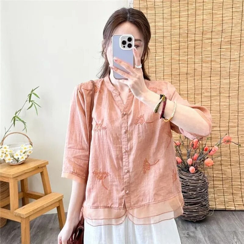 Sieviešu kokvilnas un lina tops grūtniecēm 2023. gada vasaras jauns plāns krekls Sieviešu izšūts šifona krekls Moderns grūtnieču tops LF065