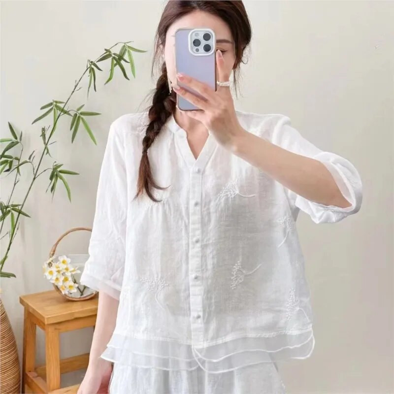 Sieviešu kokvilnas un lina tops grūtniecēm 2023. gada vasaras jauns plāns krekls Sieviešu izšūts šifona krekls Moderns grūtnieču tops LF065