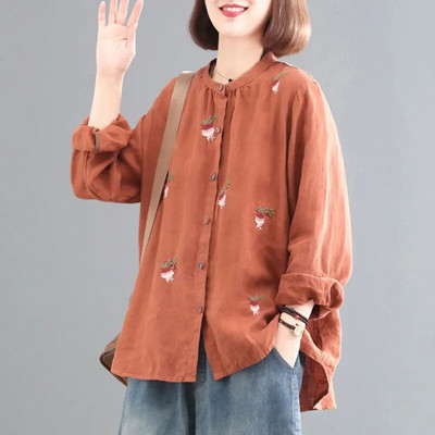 Άνοιξη και Φθινόπωρο Νέο Κορεάτικο μακρυμάνικο μπλουζάκι για έγκυες γυναίκες, κεντημένο ρετρό βαμβακερό και λινό πουκάμισο Top Materity Top LF068