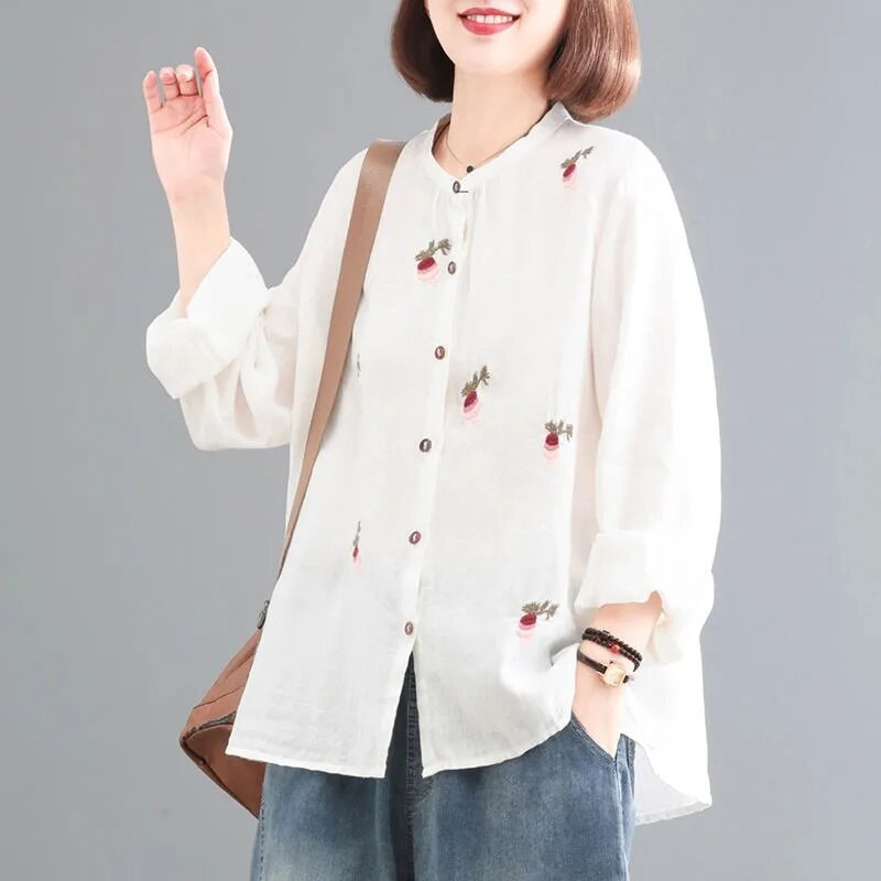 Άνοιξη και Φθινόπωρο Νέο Κορεάτικο μακρυμάνικο μπλουζάκι για έγκυες γυναίκες, κεντημένο ρετρό βαμβακερό και λινό πουκάμισο Top Materity Top LF068