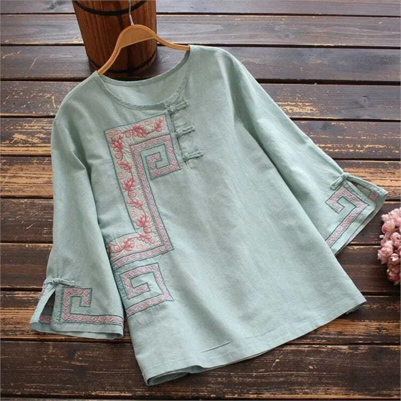 2023. g. Jauna grūtnieču brīva blūze Sieviešu kokvilnas lina krekls Sieviešu retro tops ar apaļu kakla izšūtu grūtnieču tops LF066