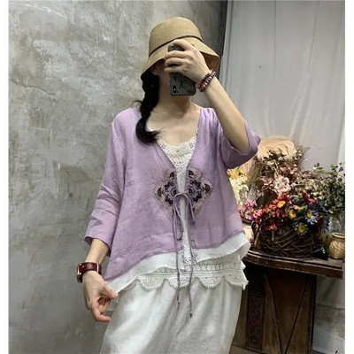 Grūtnieču etniskā stila kokvilnas lina izšūšanas tops sievietēm vasaras vintage izšūšanas tējas krekls grūtnieču tops sievietēm LF074