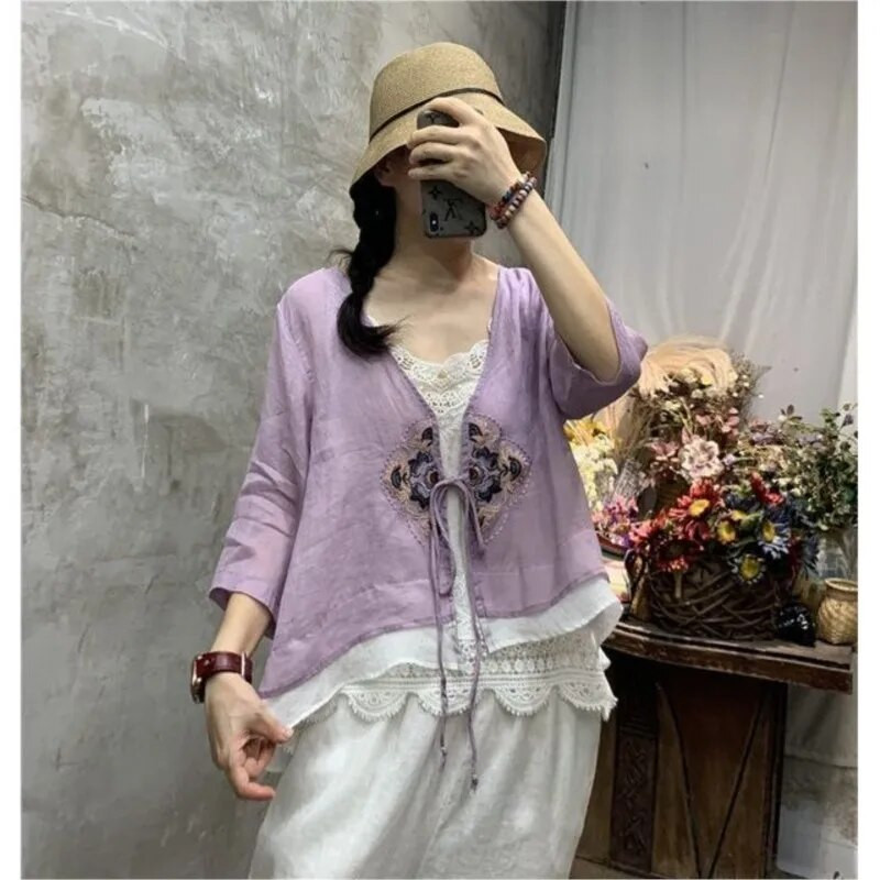 Grūtnieču etniskā stila kokvilnas lina izšūšanas tops sievietēm vasaras vintage izšūšanas tējas krekls grūtnieču tops sievietēm LF074