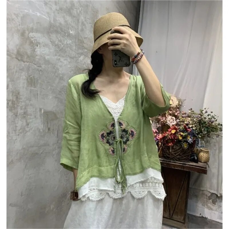 Grūtnieču etniskā stila kokvilnas lina izšūšanas tops sievietēm vasaras vintage izšūšanas tējas krekls grūtnieču tops sievietēm LF074