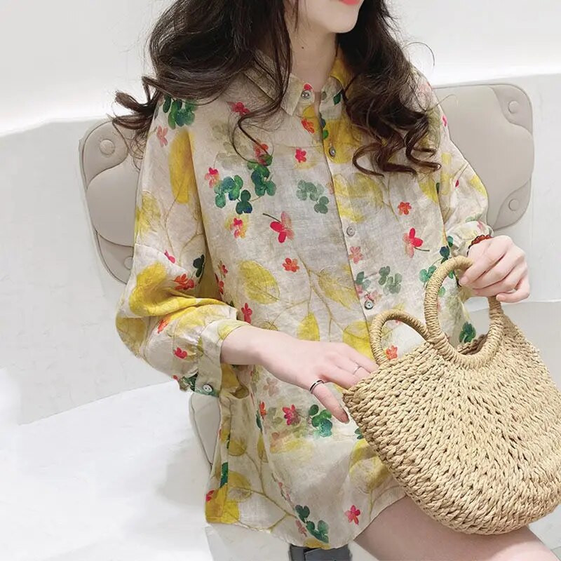 2023 m. pavasaris/vasara Nauji nėščiųjų medvilniniai lininiai marškiniai Moteriški laisvai marginti retro etninio stiliaus marškinėliai Top nėščiosioms LF067