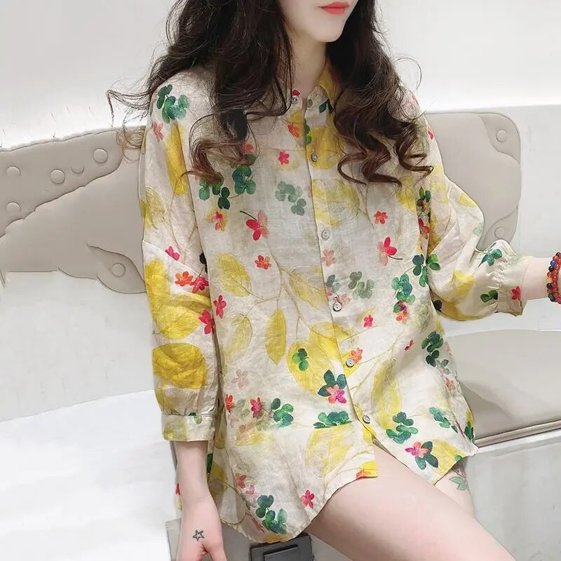 2023 m. pavasaris/vasara Nauji nėščiųjų medvilniniai lininiai marškiniai Moteriški laisvai marginti retro etninio stiliaus marškinėliai Top nėščiosioms LF067