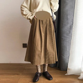 Nėščios moters sijonas su pilvu, ilgas laisvas aukštu juosmeniu nėščiųjų A linijos velvetinis sijonas su kišenėmis Ilgi laisvi nėštumo drabužiai