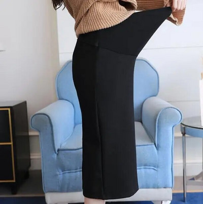 2023 m. rudens nėščiųjų sijonai juoda nugara, madingi nėščios moters medvilniniai sijonai iki blauzdos vidurio reguliuojami nėštumo tiesūs sijonai