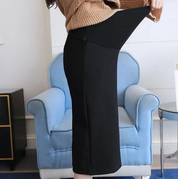 2023 m. rudens nėščiųjų sijonai juoda nugara, madingi nėščios moters medvilniniai sijonai iki blauzdos vidurio reguliuojami nėštumo tiesūs sijonai