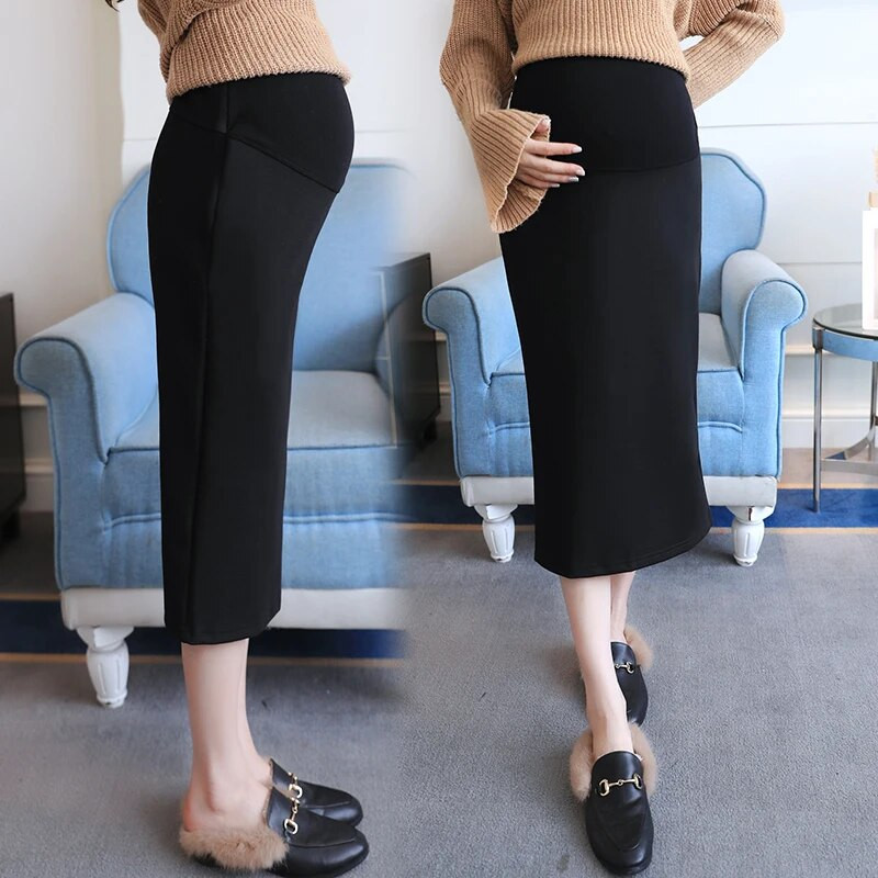 2023 m. rudens nėščiųjų sijonai juoda nugara, madingi nėščios moters medvilniniai sijonai iki blauzdos vidurio reguliuojami nėštumo tiesūs sijonai